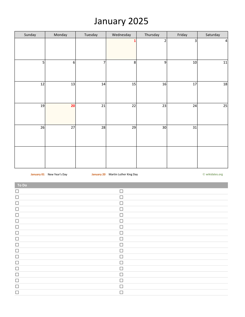 January 2025 Calendar With To-Do List | Wikidates in Printable Calendar 2025 With To Do List