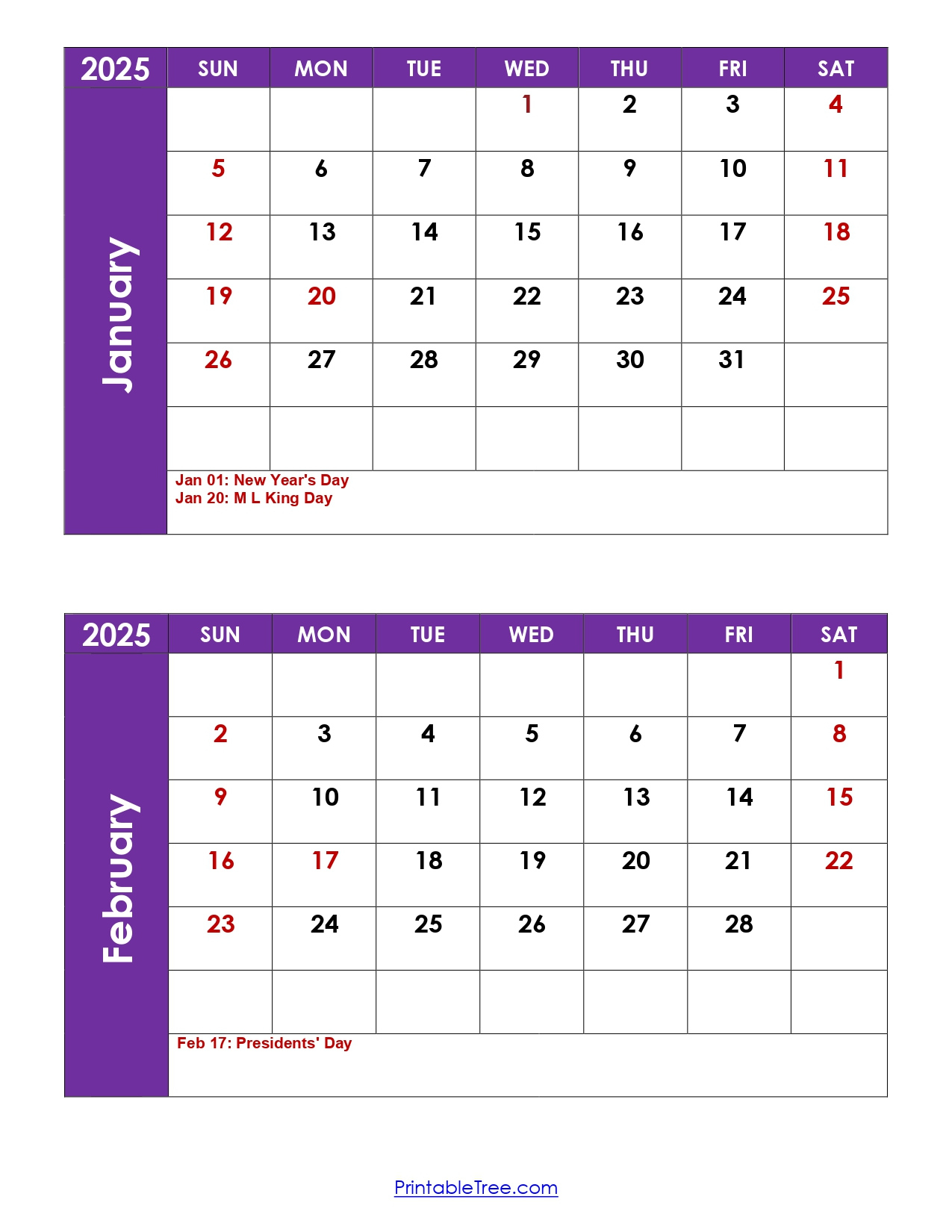January And February 2025 Calendar | Two Months Calendar in Printable Calendar 2025 January February