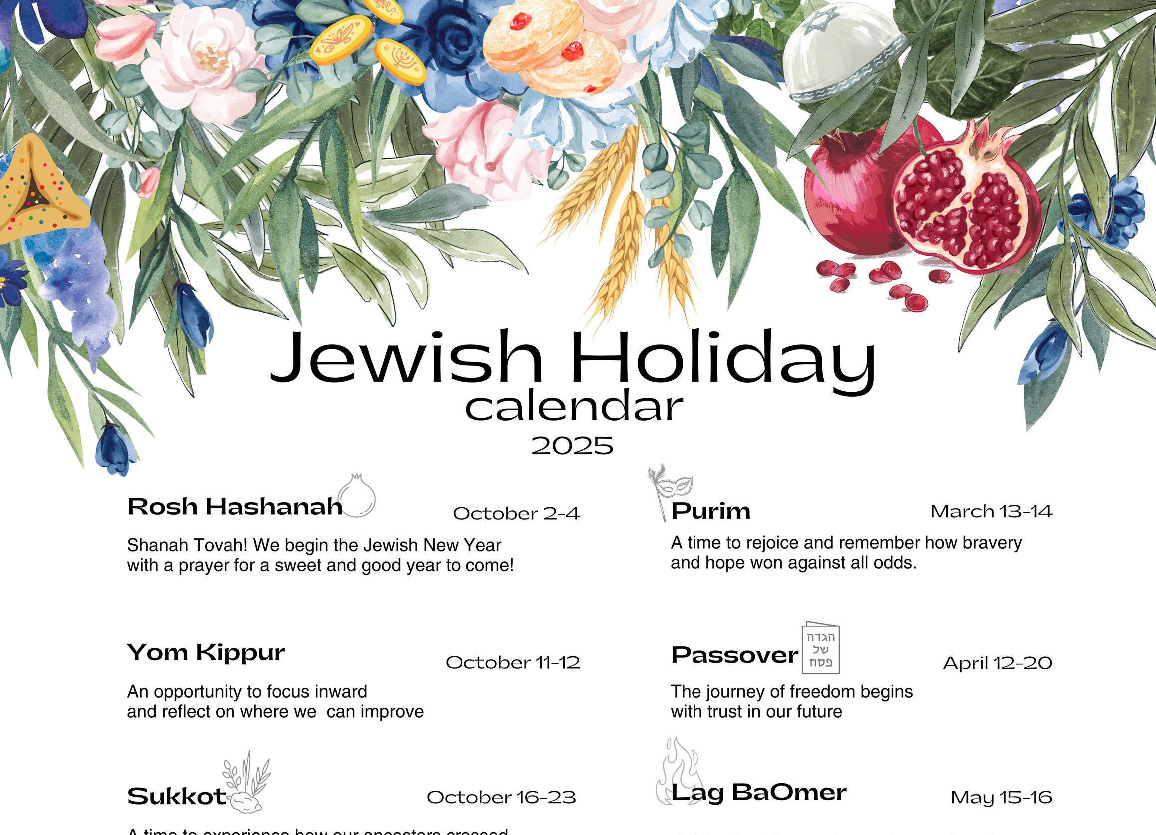 Jewish Holiday Calendar 2025 | Hebrew Calendar | Rosh Hashanah in 2025 Calendar With Jewish Holidays Printable