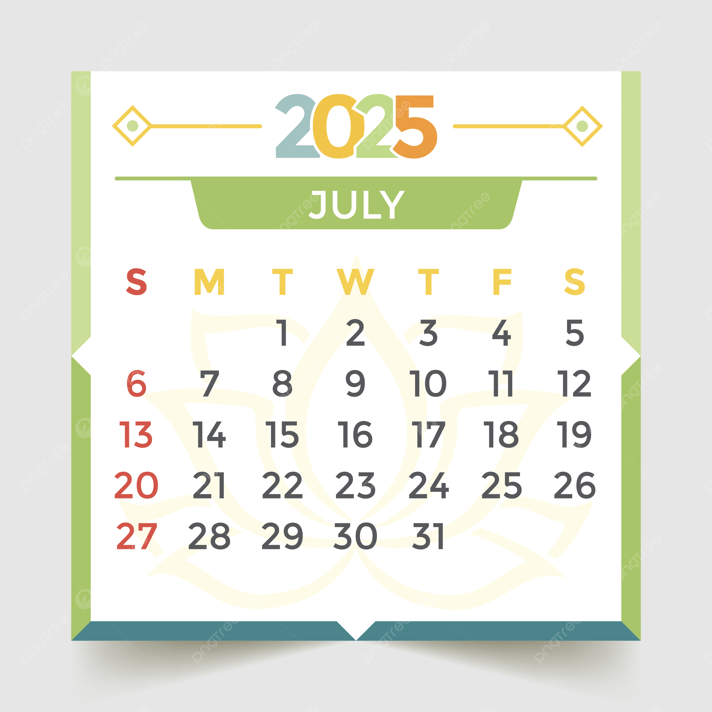 July 2025 Calendar Green Vector Template Download On Pngtree pertaining to July 2025 Green Calendar