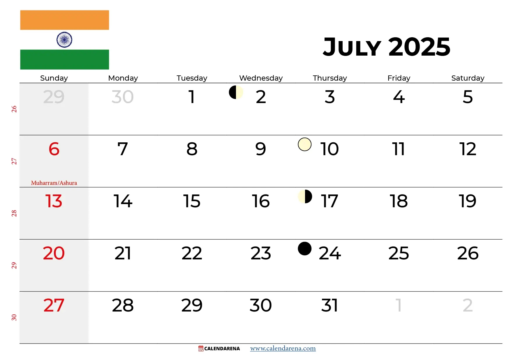July 2025 Calendar India pertaining to Calendar For July 2025 With Holidays