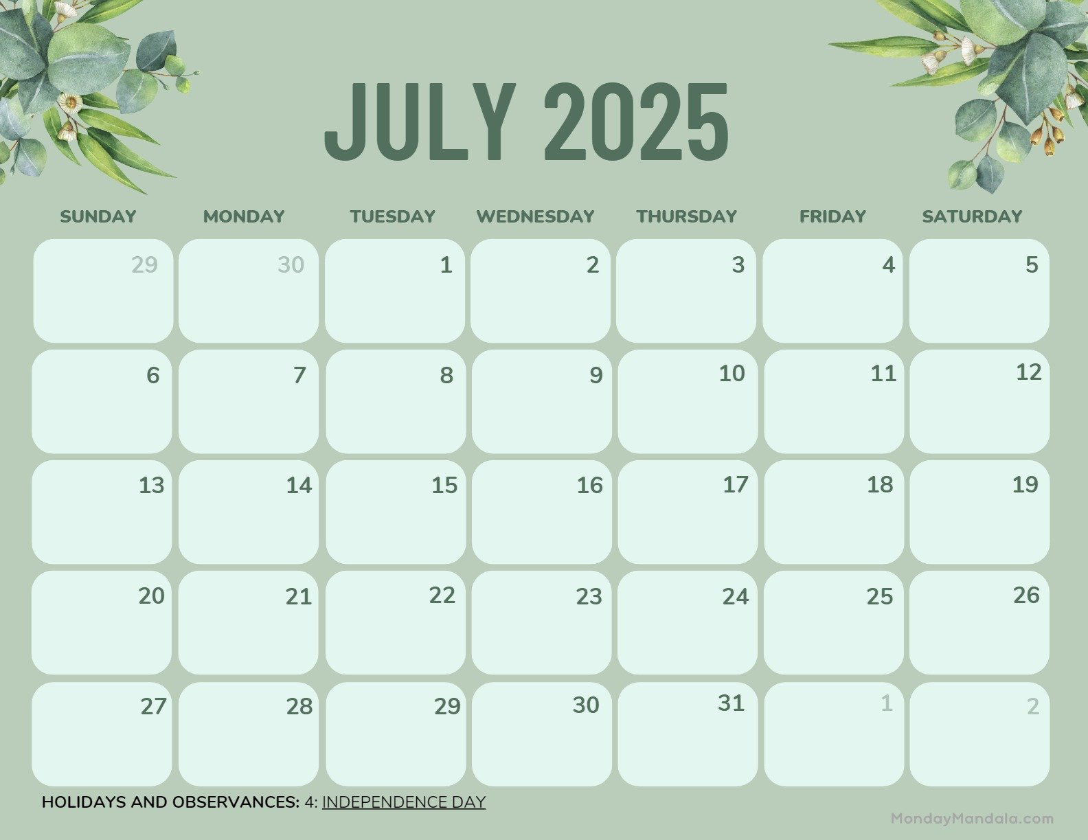July 2025 Printable Calendar (52 Free Pdf Printables) with regard to July 2025 Green Calendar