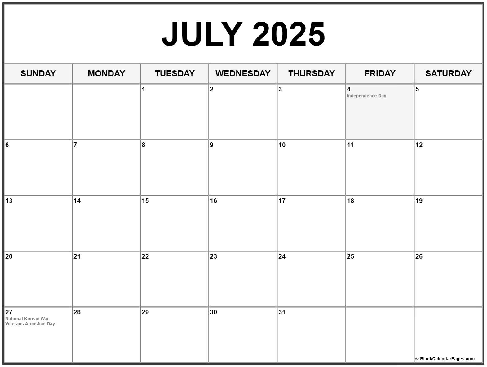 July 2025 With Holidays Calendar for July 2025 Printable Calendar with Holidays