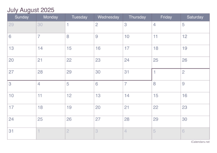 August 2025 – July 2026 Calendar Printable