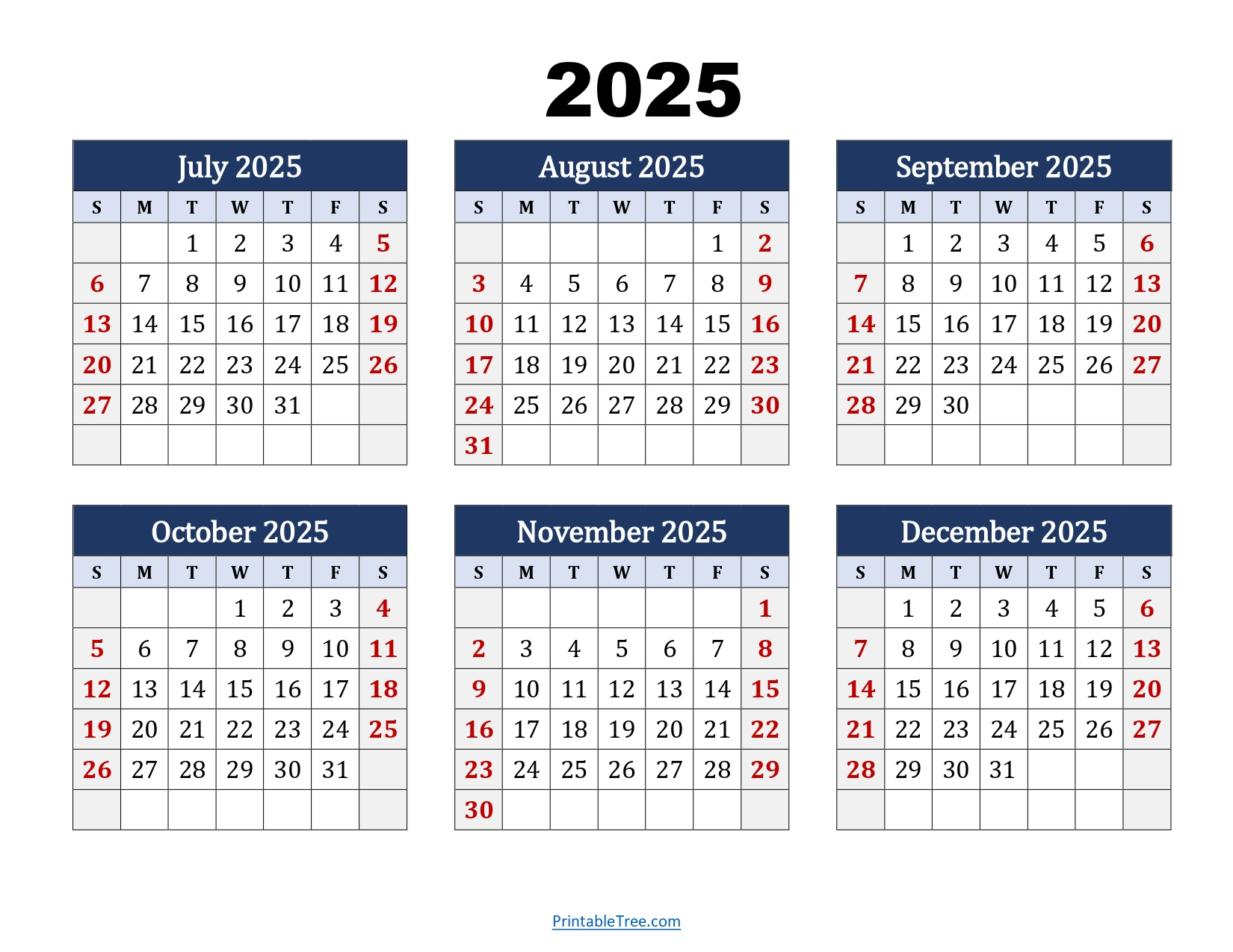 July To December 2025 Calendar Printable Pdf | Six Months Calendar in August to December Calendar 2025