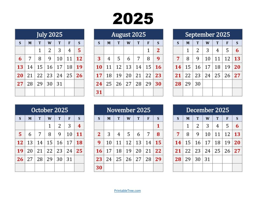 July To December 2025 Calendar Printable Pdf | Six Months Calendar with Printable Calendar For December 2024 And July 2025