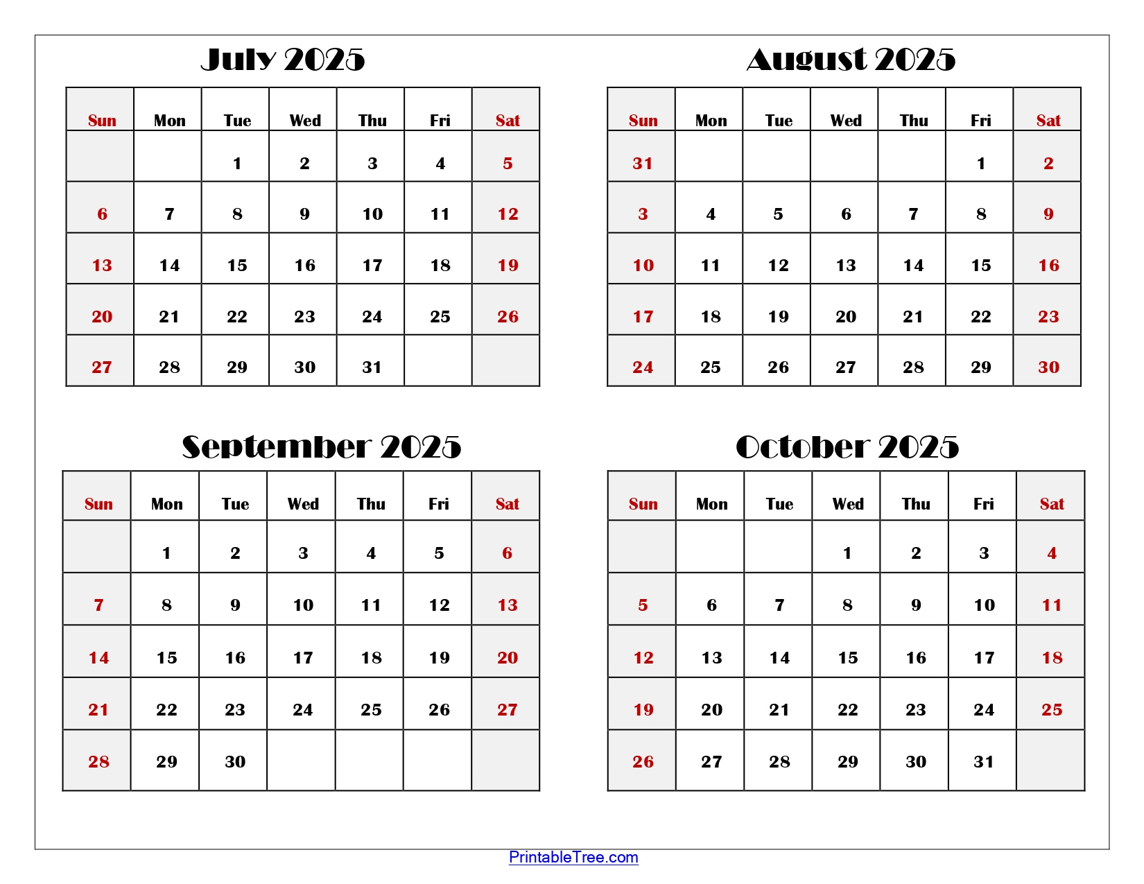 July To October 2025 Calendar Printable Pdf | Four Months Calendar intended for August September and October 2025 Calendar