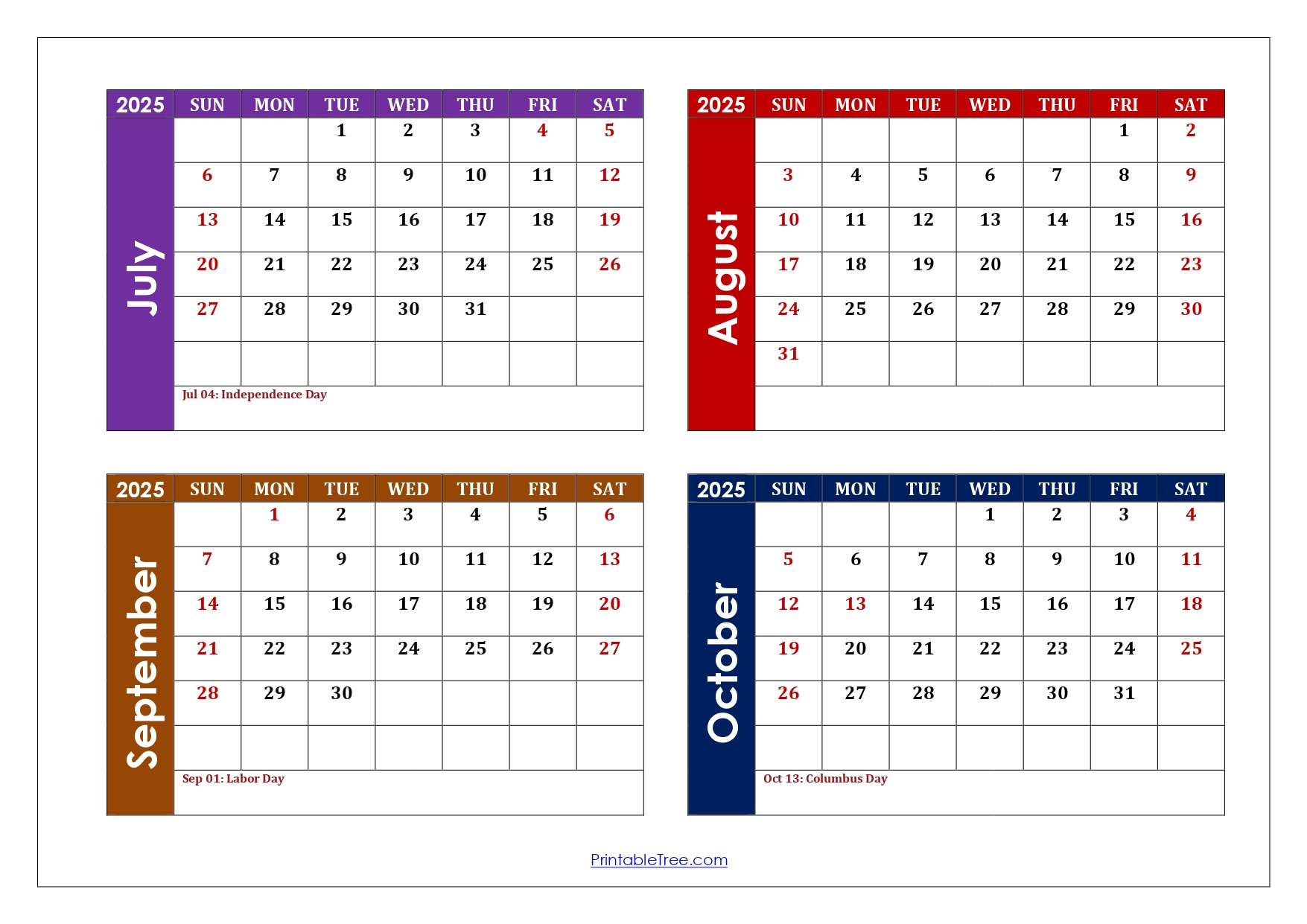 July To October 2025 Calendar Printable Pdf | Four Months Calendar pertaining to Calendar June July August September October 2025