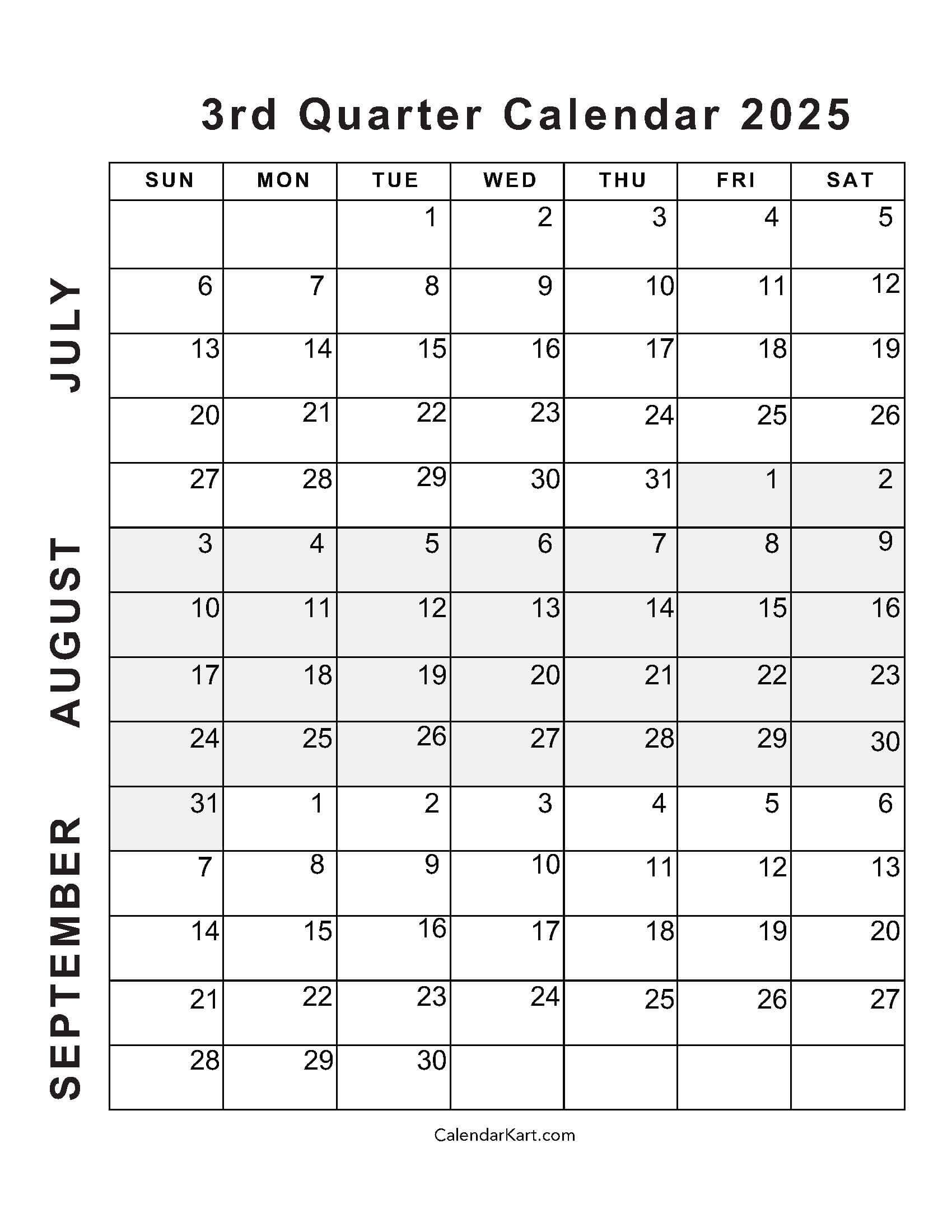 July To September 2025 Calendar (Q3) - Calendarkart in Calendar July August September 2025