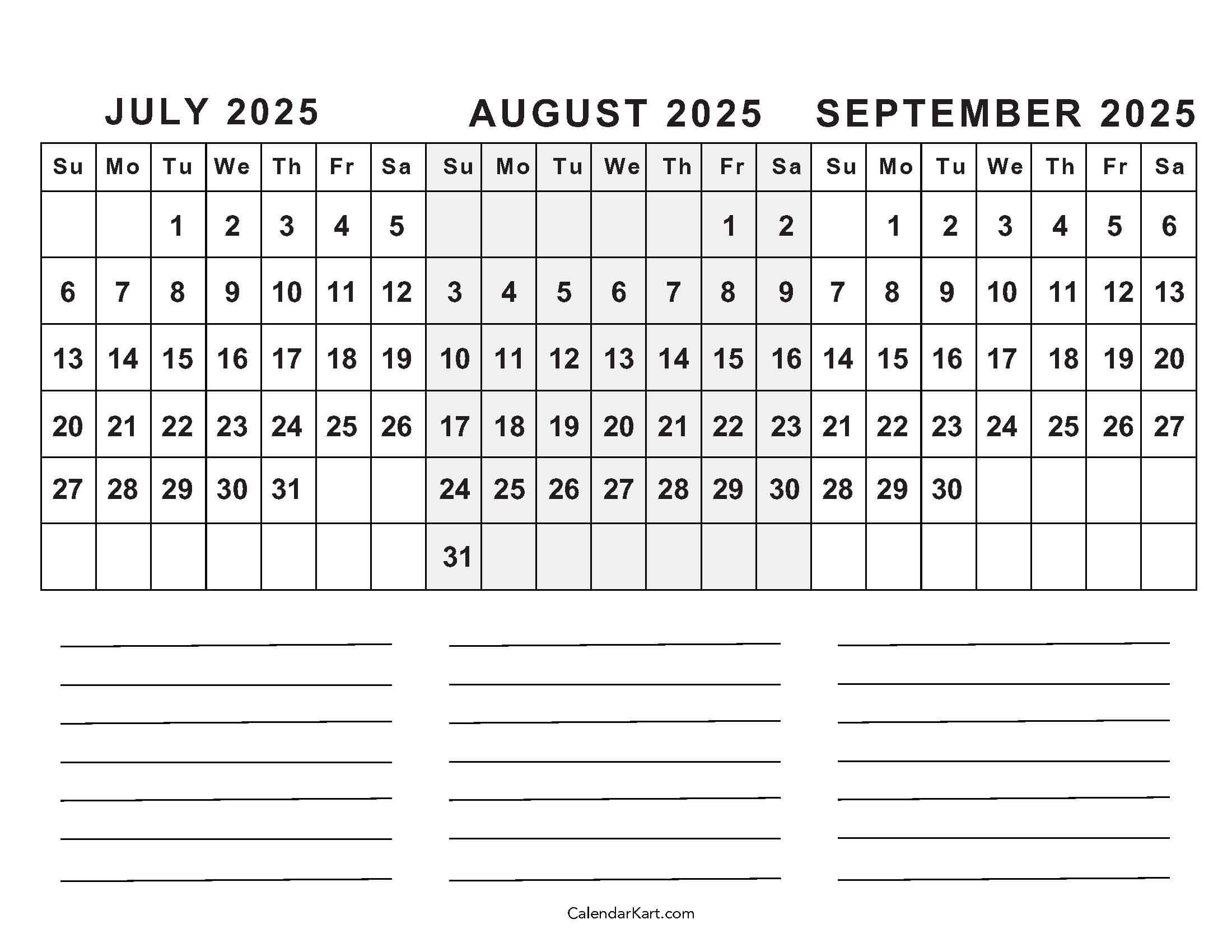 July To September 2025 Calendar (Q3) - Calendarkart with July August September 2025 Calendar