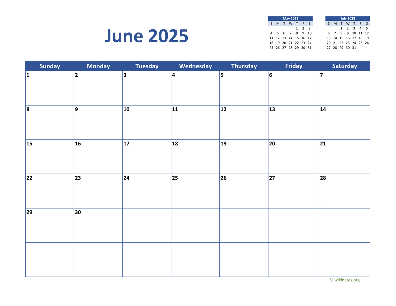 June 2025 Calendar Classic | Wikidates for June Printable Calendar 2025 Wiki