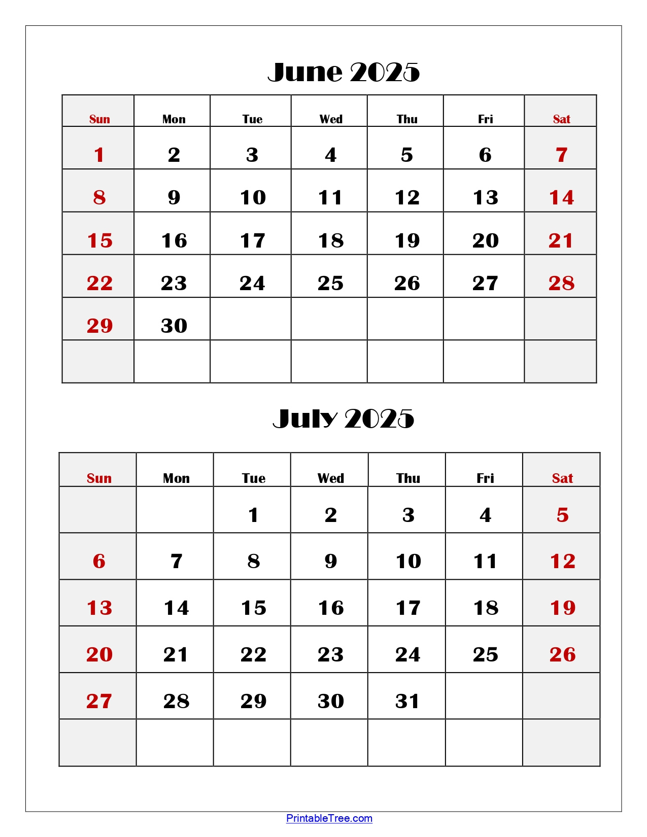 June And July 2025 Calendar Printable Pdf | Two Months Calendar in June And July Printable Calendar 2025