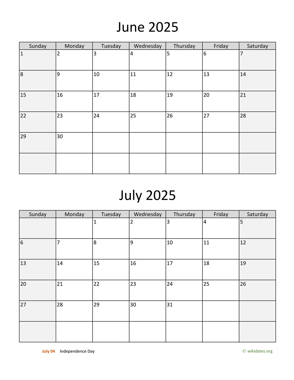 June And July 2025 Calendar | Wikidates regarding 2025 Calendar June July August