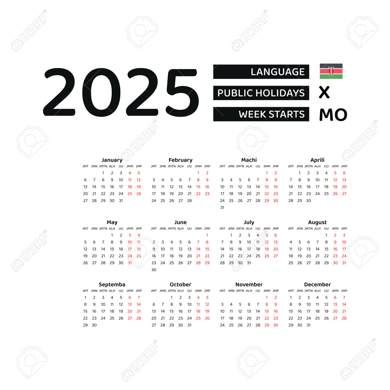 Kenya Calendar 2025. Week Starts From Monday. Vector Graphic intended for Printable Calendar 2025 With Holidays Kenya