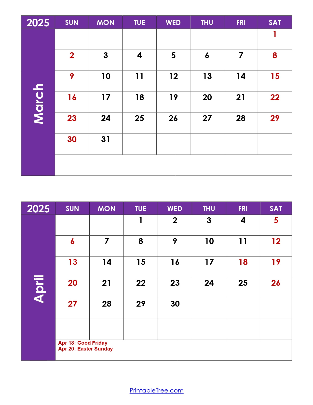 March And April 2025 Calendar Printable | Two Months Calendar with Printable Calendar 2025 March and April