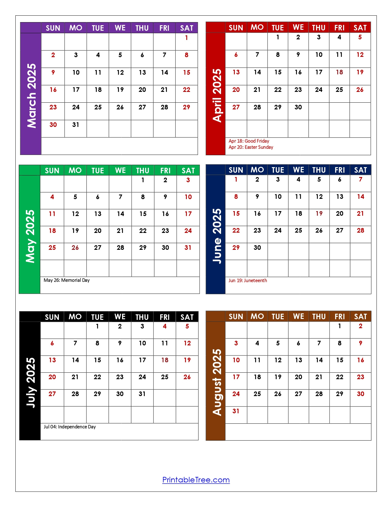 March To August 2025 Calendar Printable Pdf | Six Months Calendar in August 6 2025 Calendar