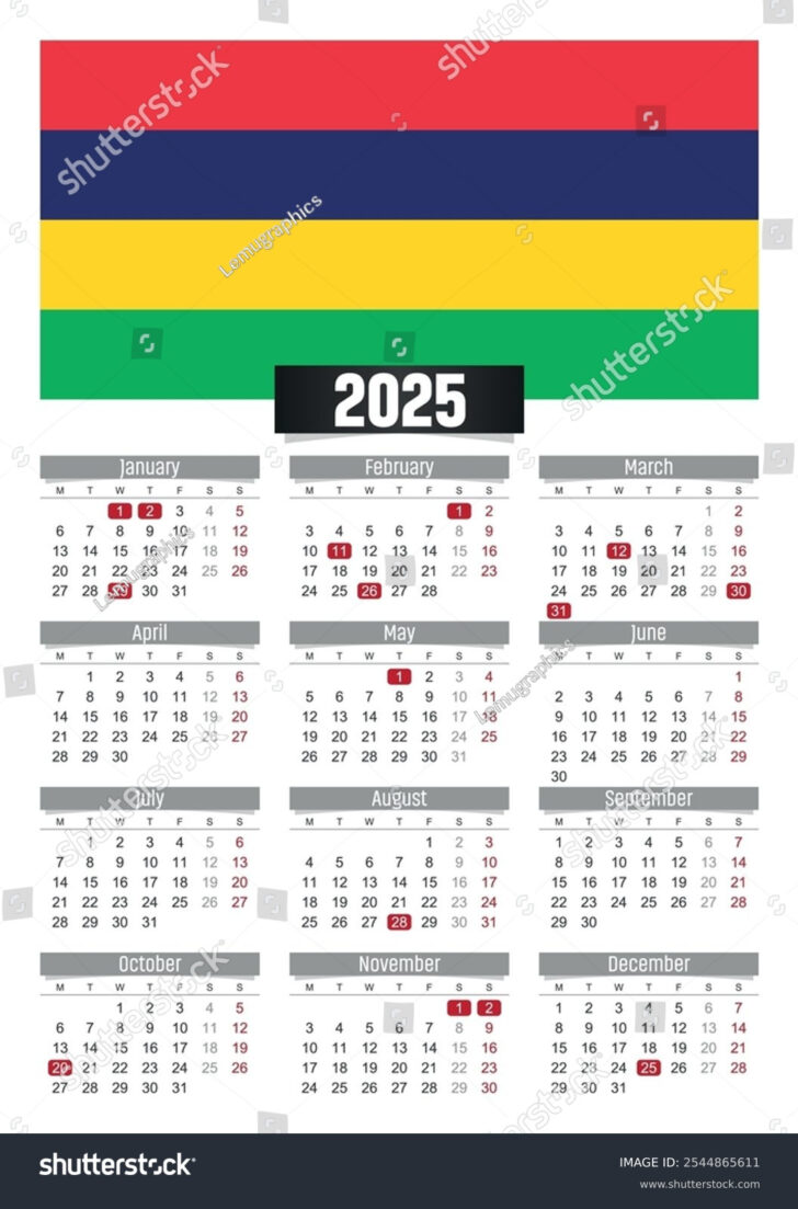 Printable Calendar 2025 with Holidays Mauritius