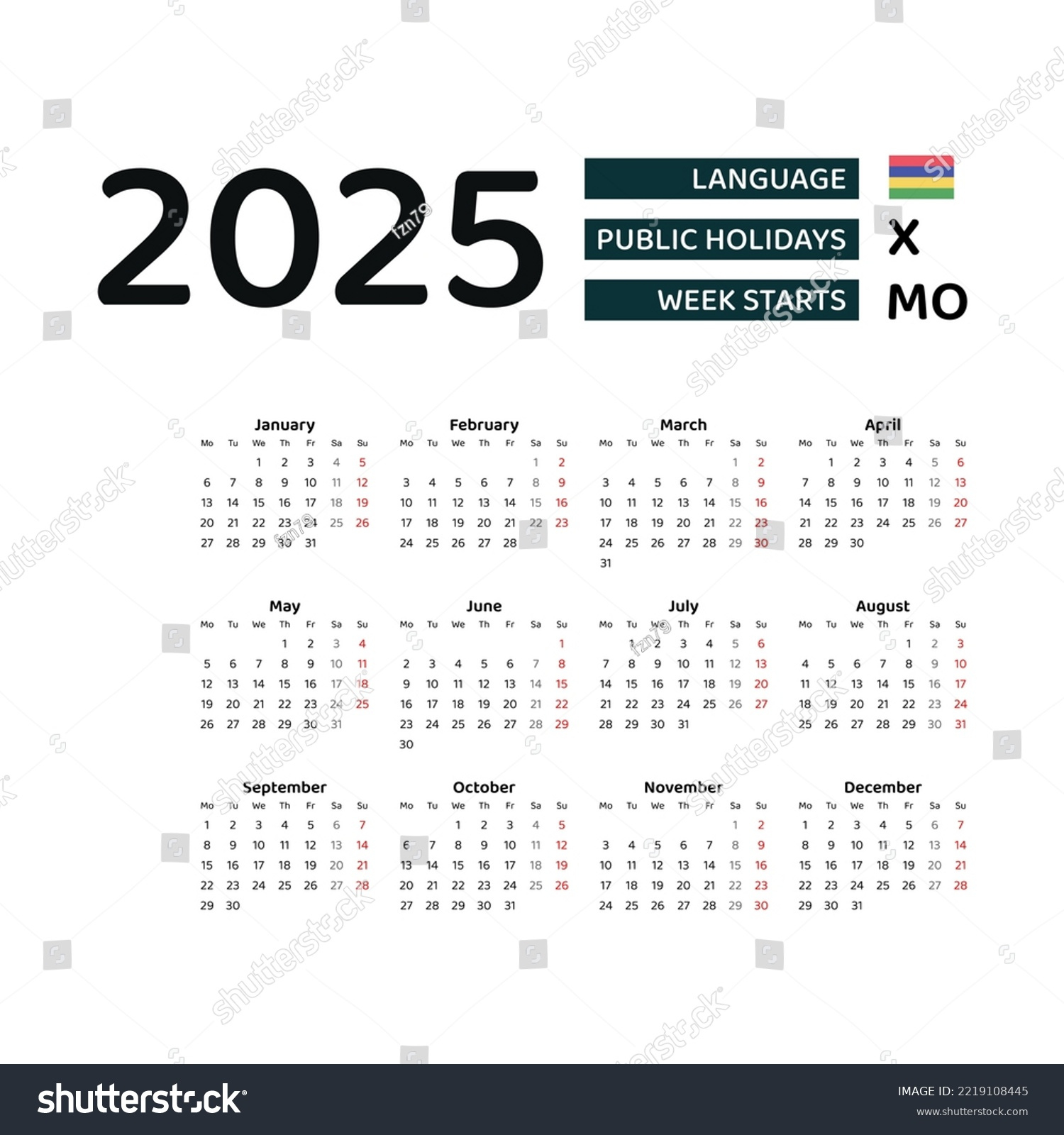 Mauritius Calendar 2025 Week Starts Monday Stock Vector (Royalty pertaining to Printable Calendar 2025 with Holidays Mauritius