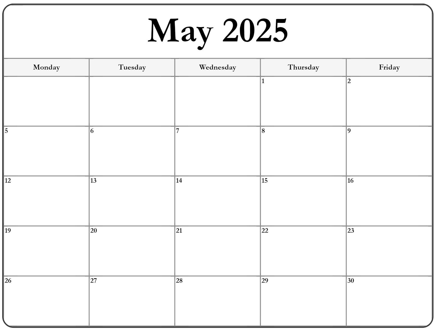 May 2025 Monday Calendar | Monday To Sunday in Printable Calendar 2025 Monday to Friday