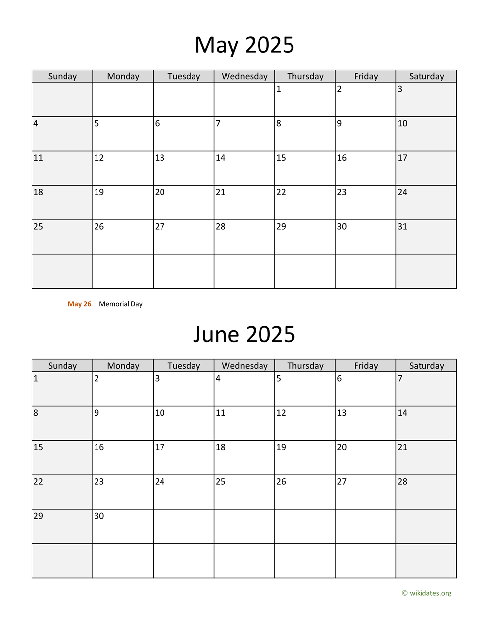 May And June 2025 Calendar | Wikidates intended for May and June 2025 Calendar Printable