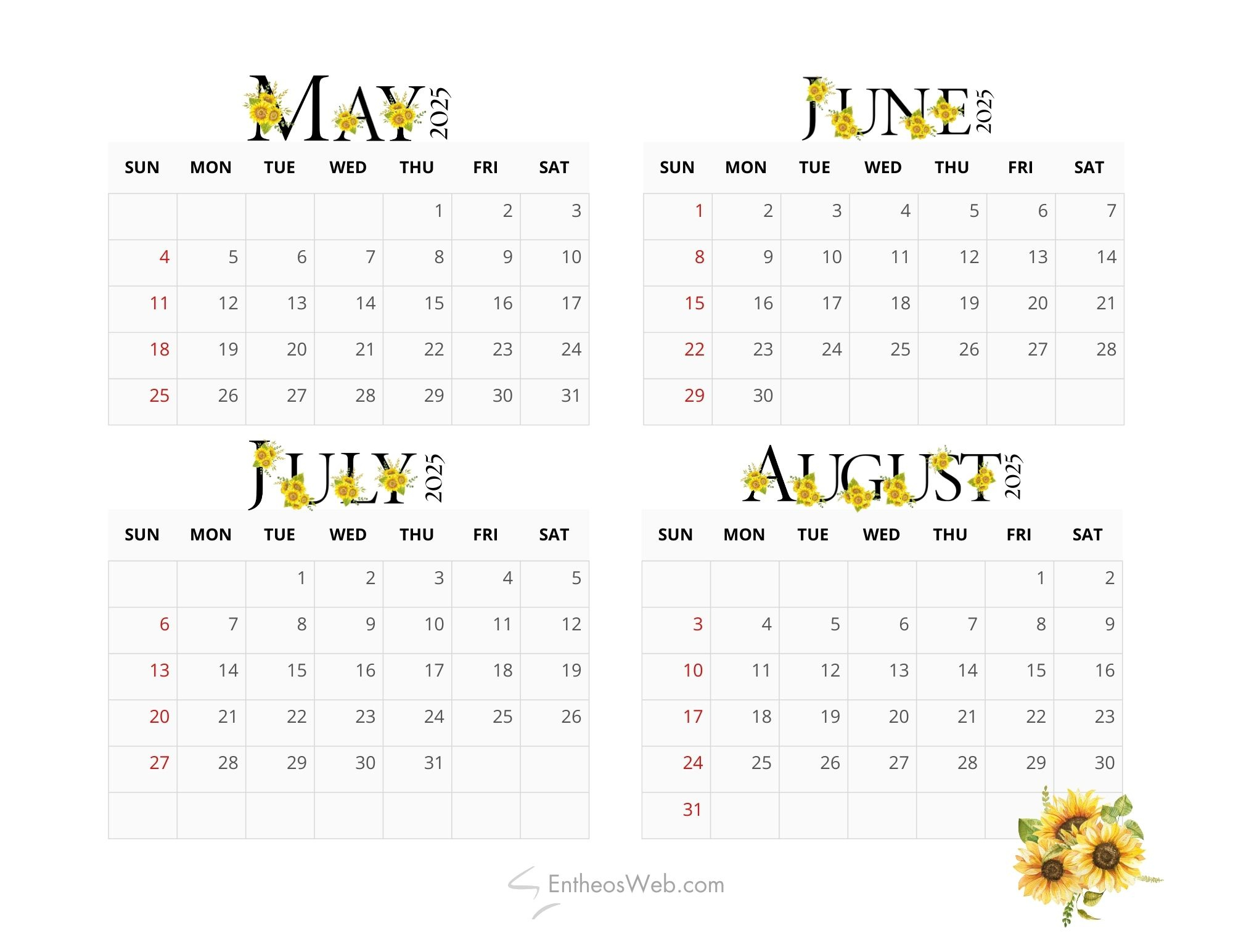 May, June, July, August – 4 Month Calendar | Entheosweb with August 2025 To May 2025 Calendar