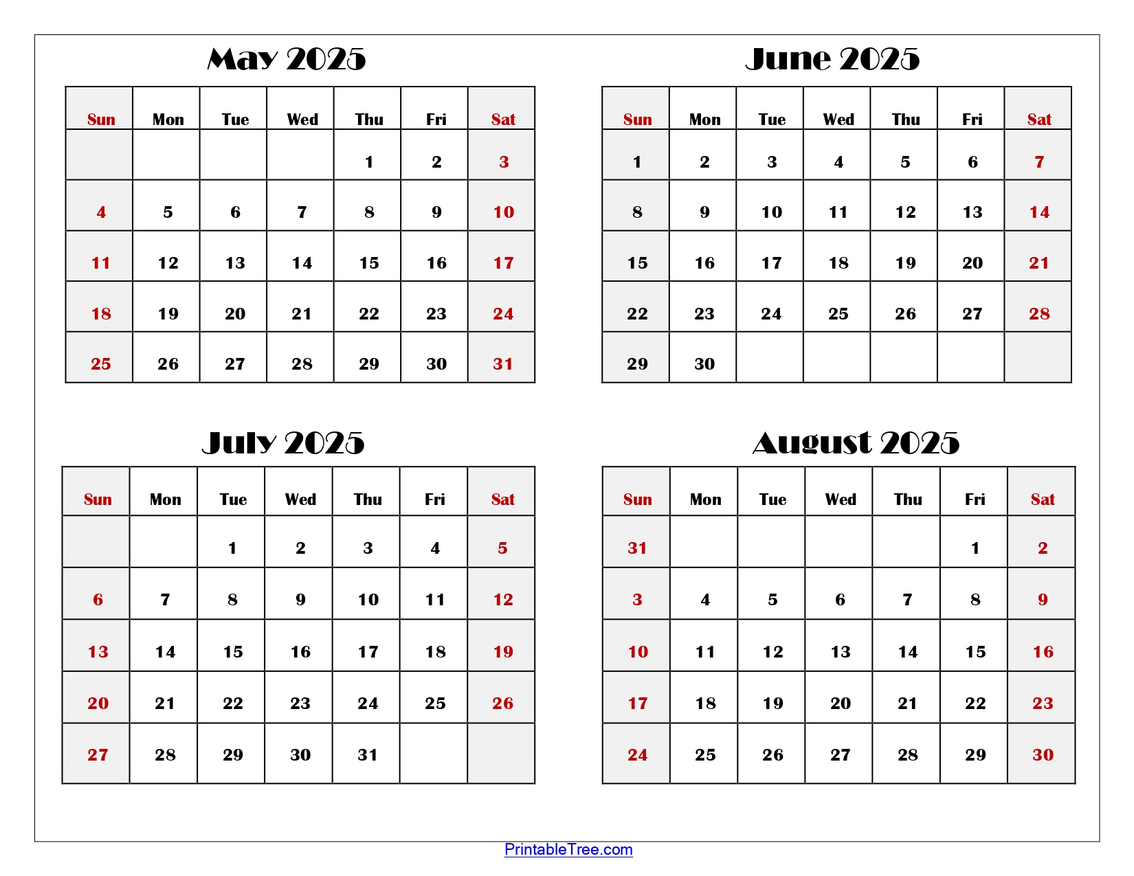 May To August 2025 Calendar Printable Pdf | Four Months Calendar for August 2025 May 2026 Calendar Printable
