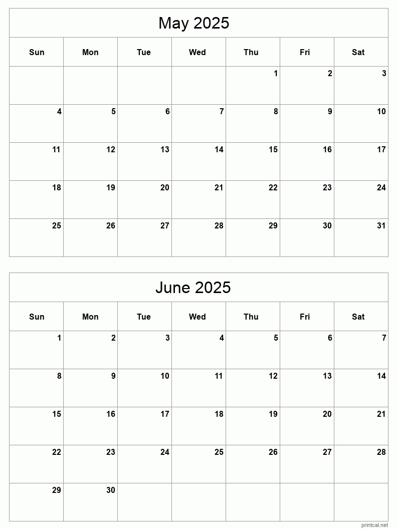 May To June 2025 Printable Calendar | Two Months Per Page in Printable Calendar 2025 Two Months Per Page