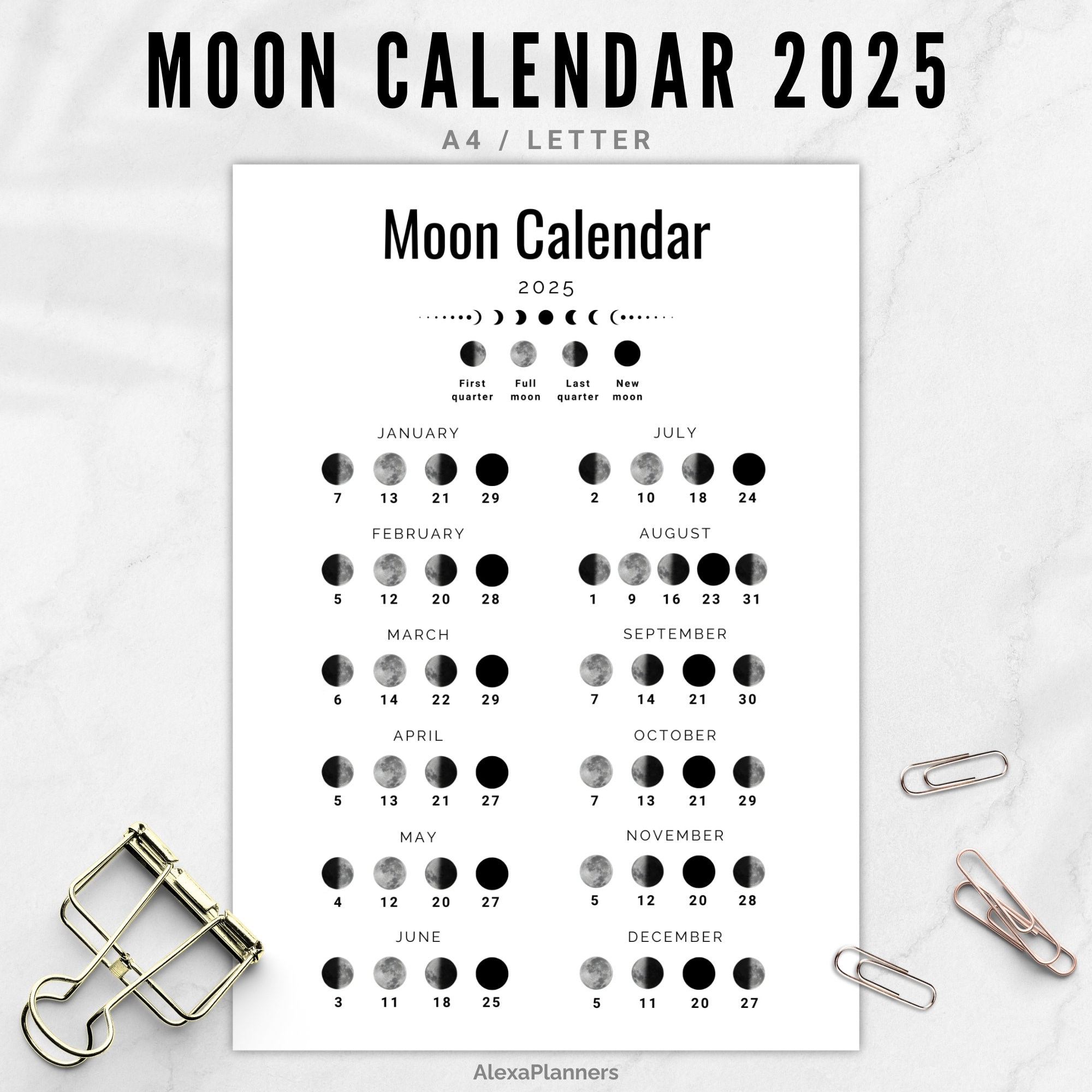 Moon Phase Calendar 2025, A4 / Letter Size Lunar Calendar - Etsy with regard to Printable Moon Phase Calendar 2025
