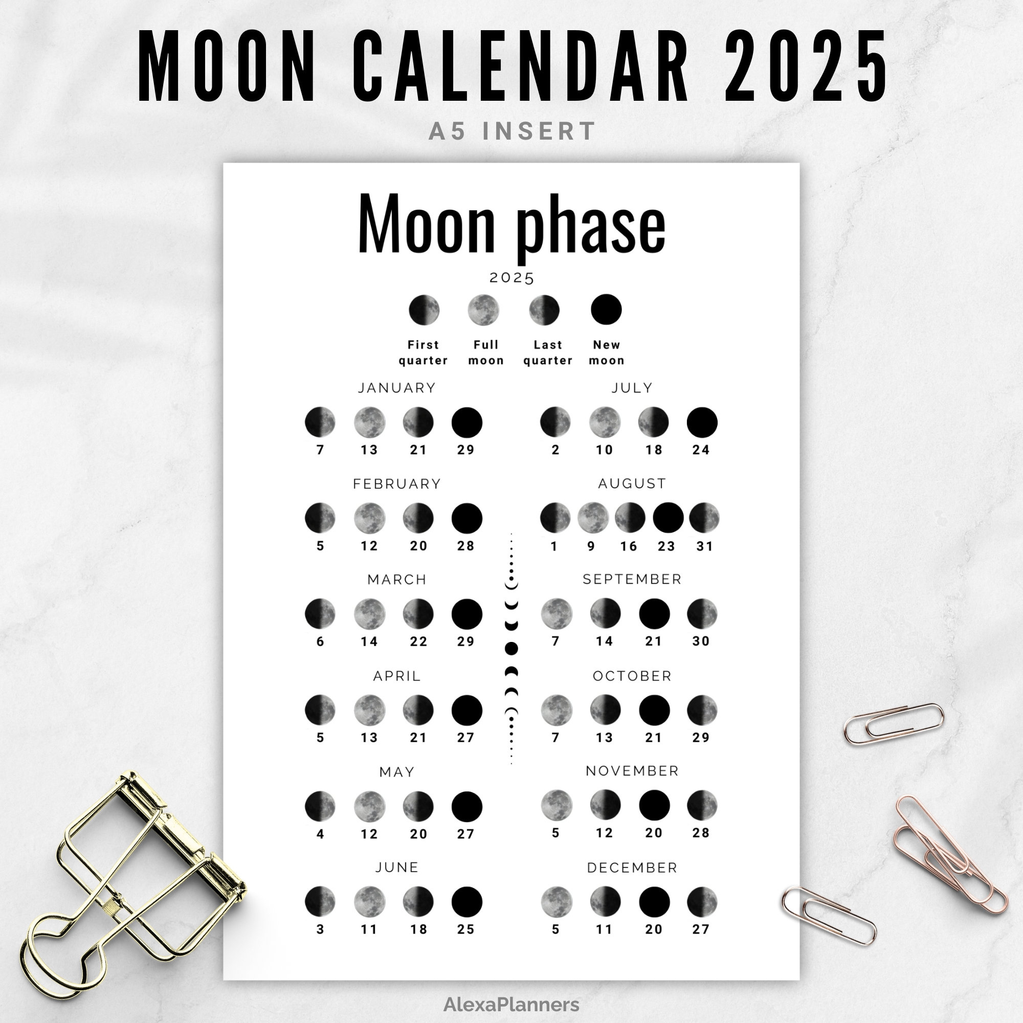 Moon Phase Calendar 2025, Lunar Calendar, A5 Planner Inserts - Etsy regarding 2025 Moon Phase Calendar Printable
