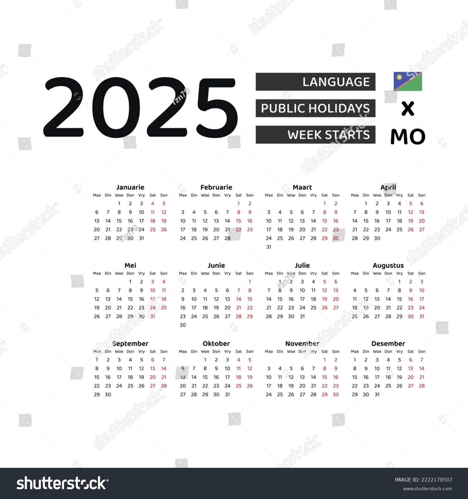 Namibia-Kalender 2025. Die Woche Beginnt Am: Stock-Vektorgrafik throughout Printable Calendar 2025 Namibia