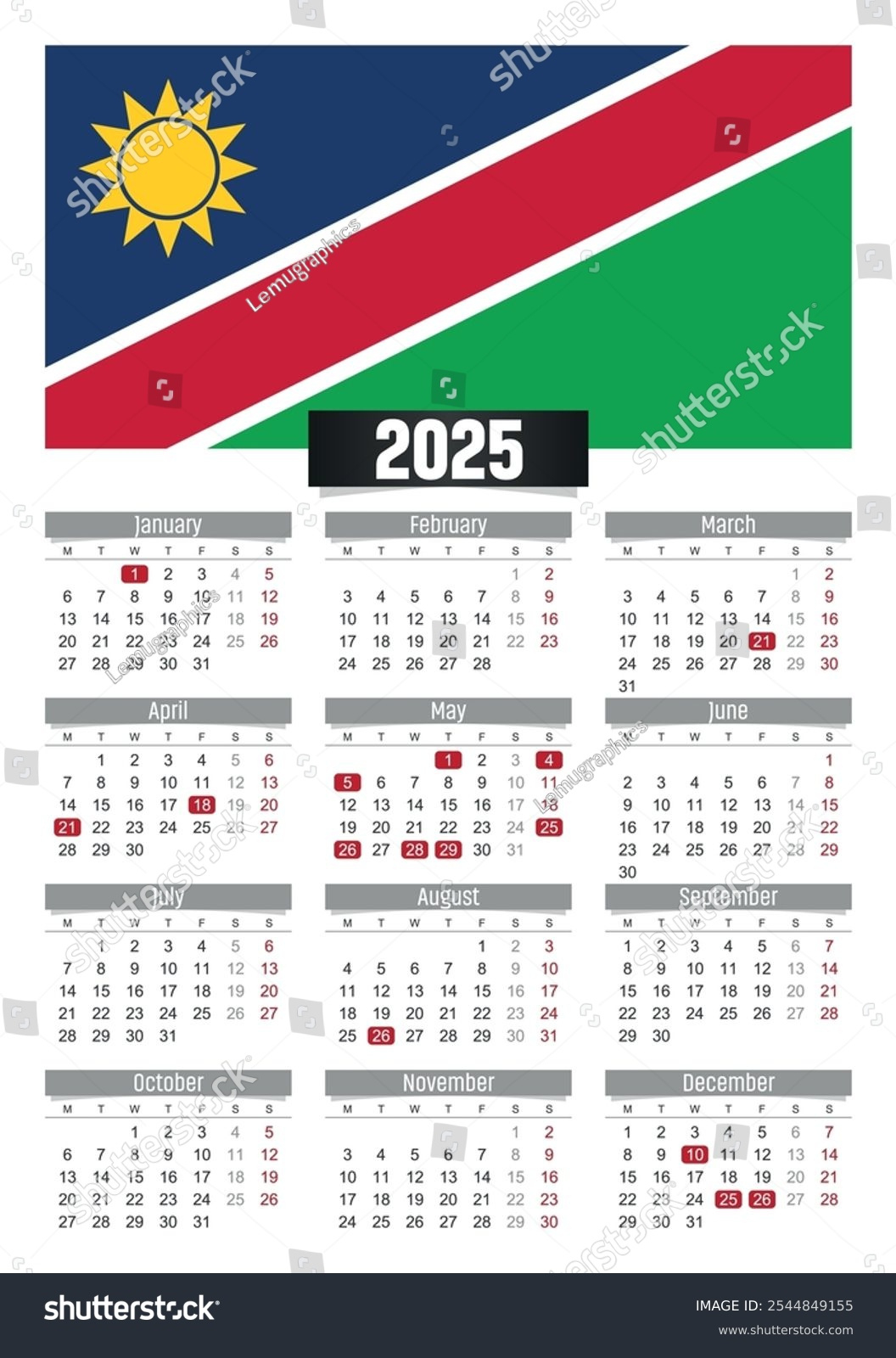 New Year 2025 Calendar Namibia Flag Stock Vector (Royalty Free intended for Printable Calendar 2025 Namibia