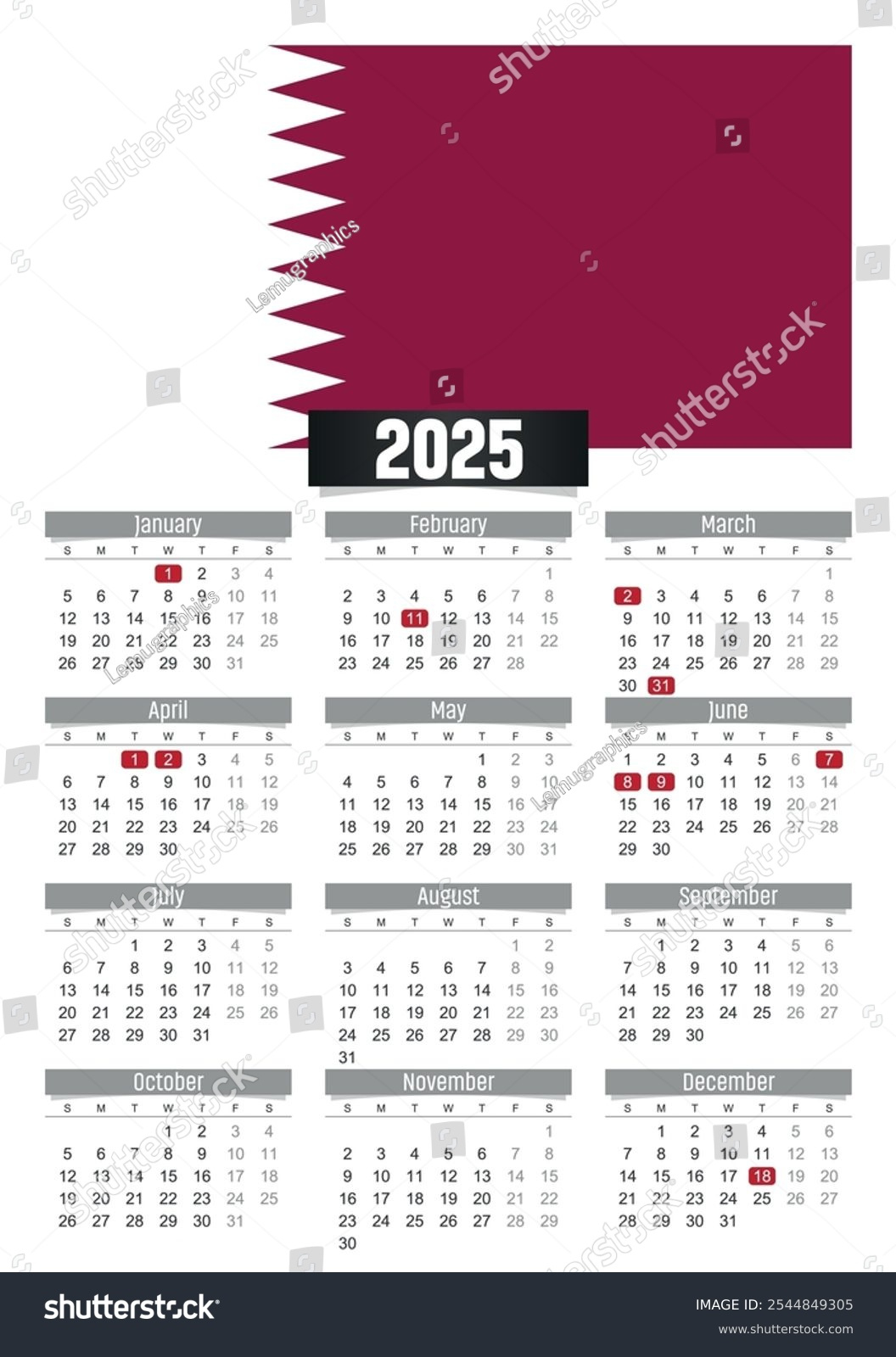 New Year 2025 Calendar Qatar Flag Stock Vector (Royalty Free regarding Printable Calendar 2025 Qatar