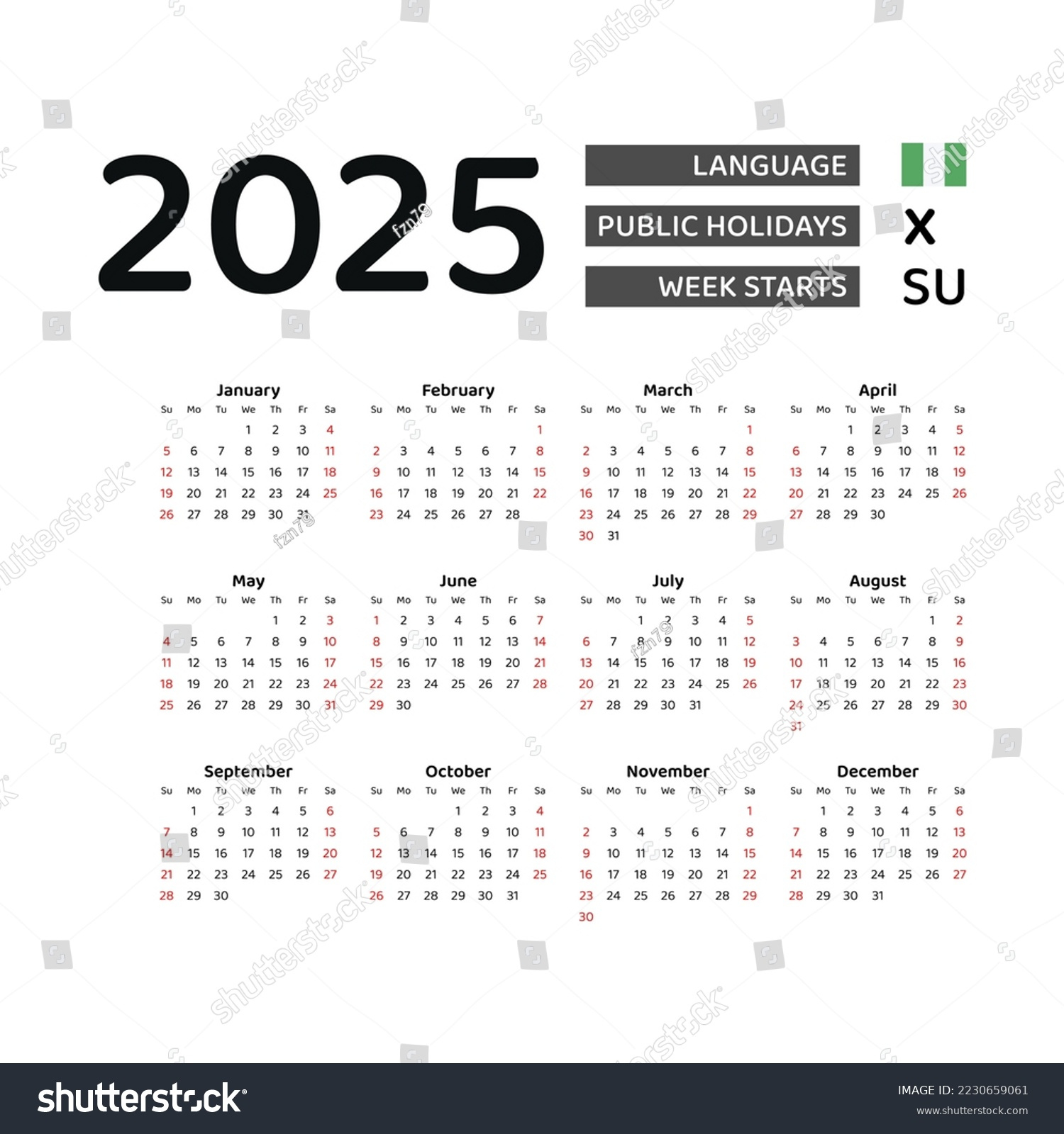 Nigeria Calendar 2025 Week Starts Sunday Stock Vector (Royalty with Printable Calendar 2025 with Igbo Market Days