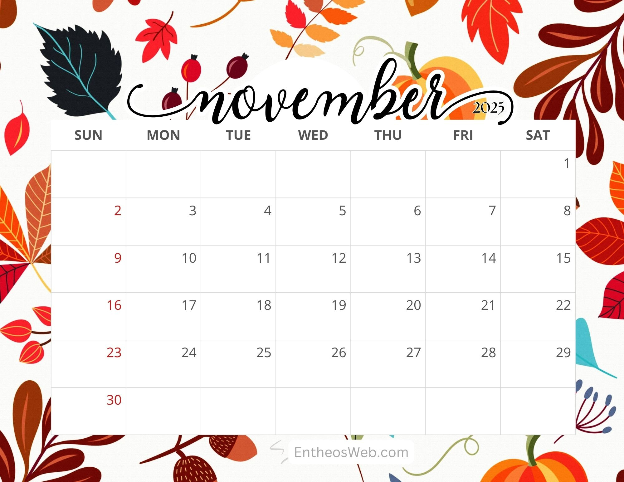 November 2025 Calendar Printables | Entheosweb throughout November Printable Calendar 2025
