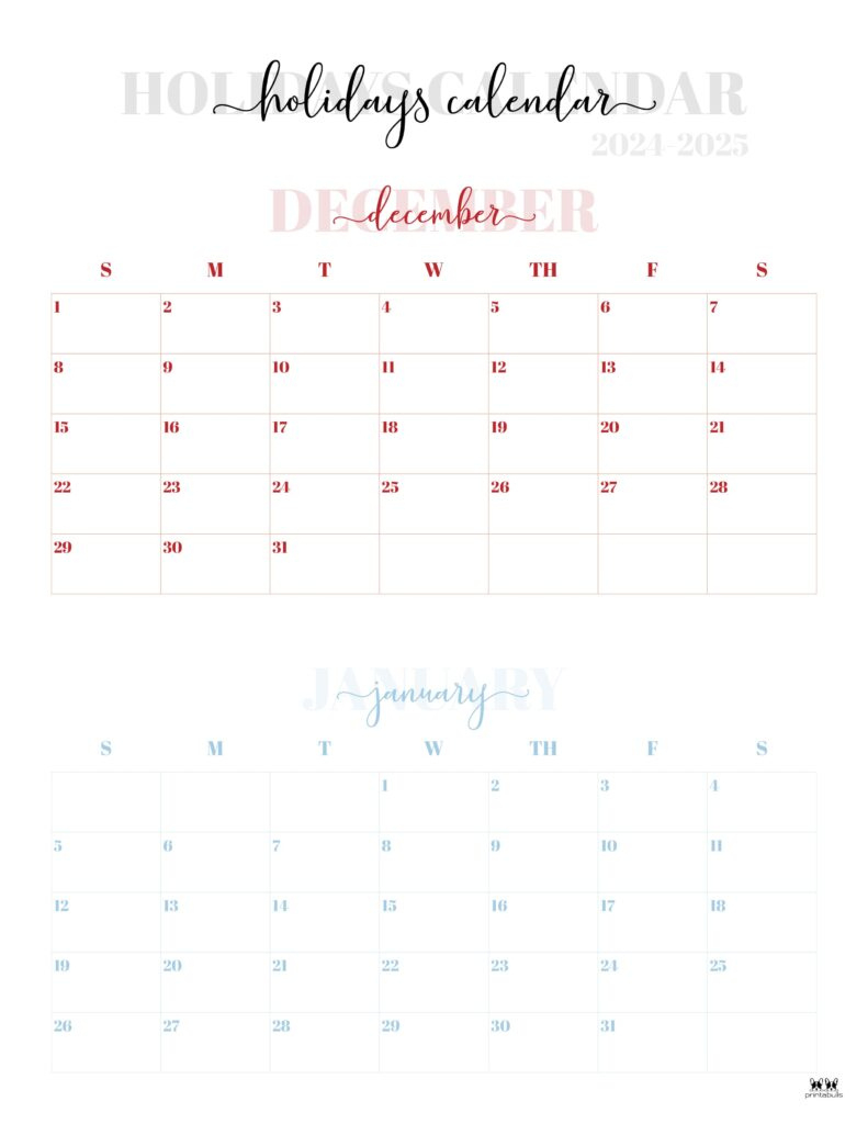 November December 2024 Calendars - 28 Printables | Printabulls inside Printable Calendar Dec 2024 Jan 2025