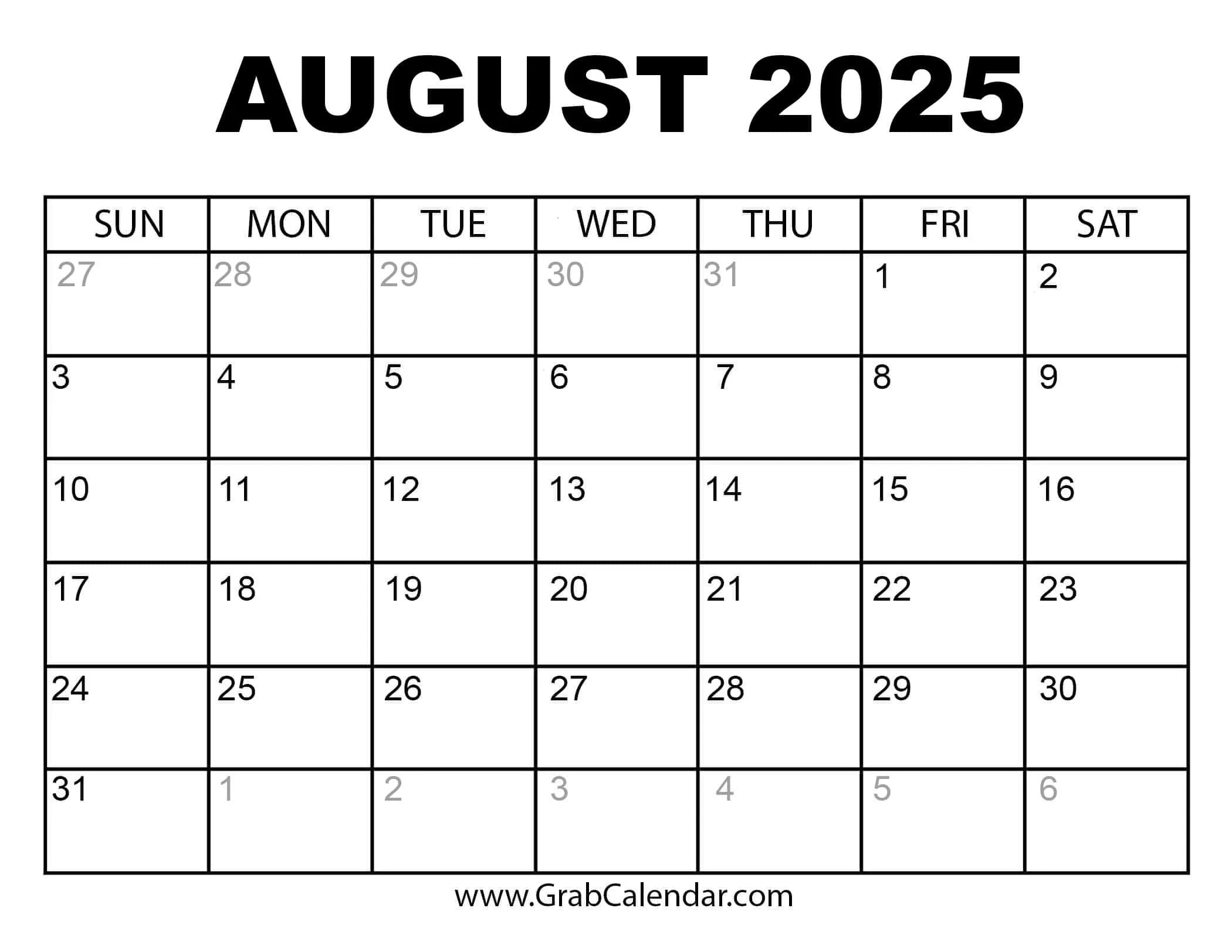 Printable August 2025 Calendar regarding Calender of August 2025