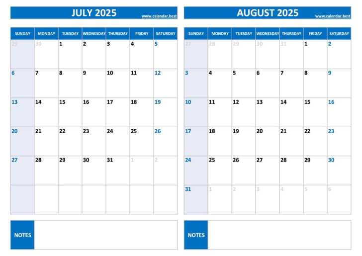 July August 2025 Calendar Free Printable
