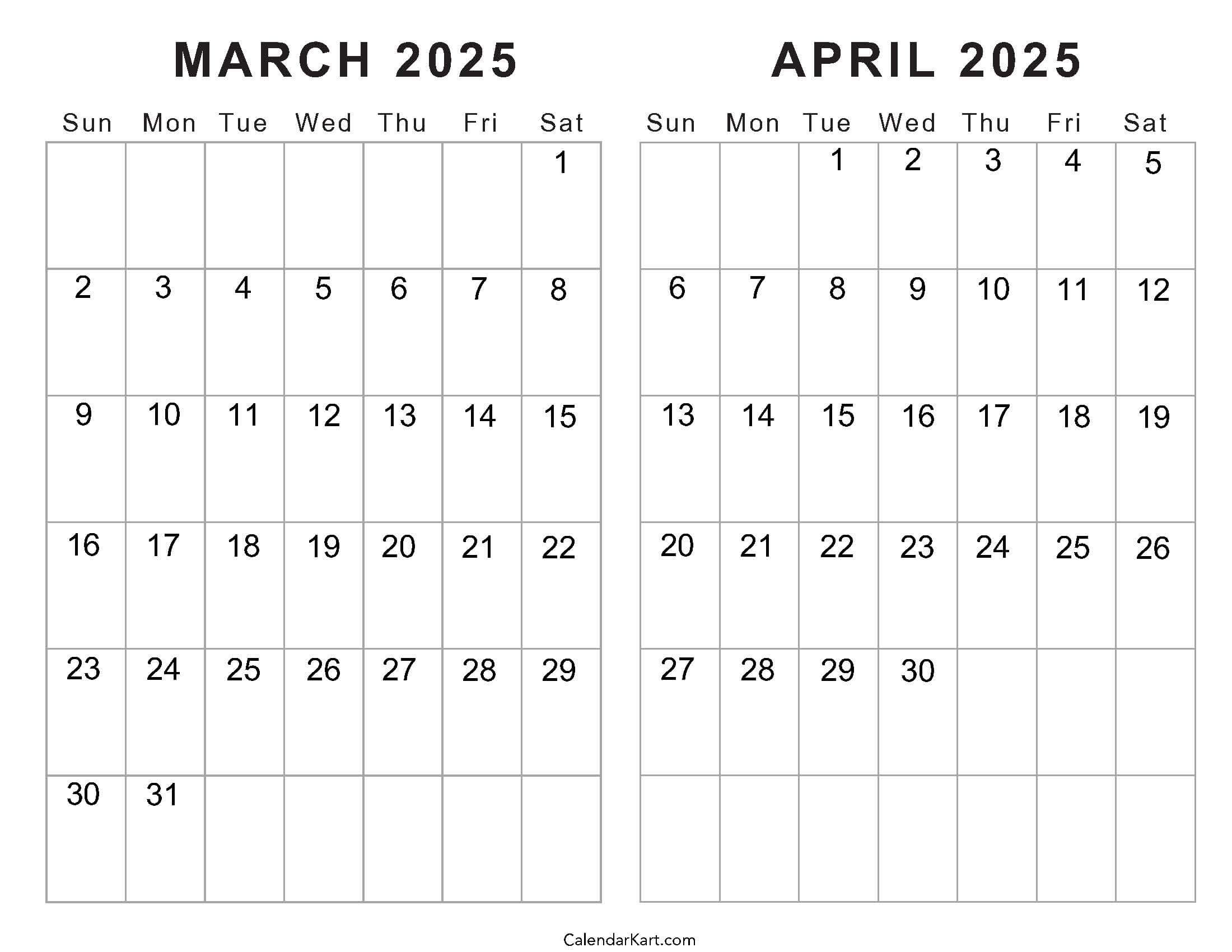 Printable March April 2025 Calendar | Calendarkart with regard to Printable Calendar 2025 March And April