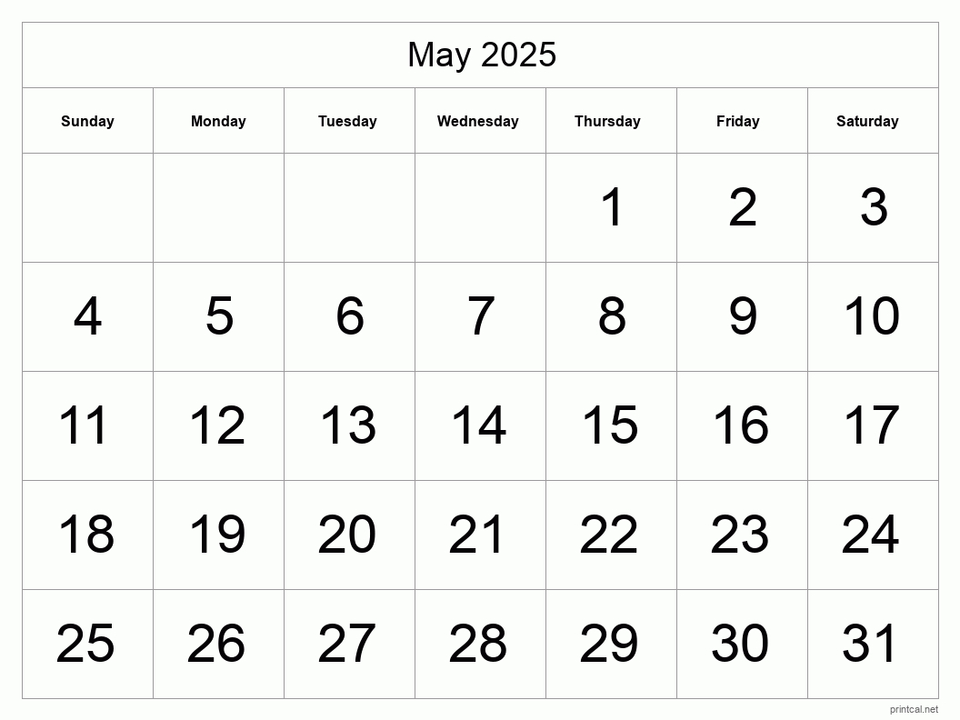 Printable May 2025 Calendar - Big Dates with Month Of May 2025 Printable Calendar