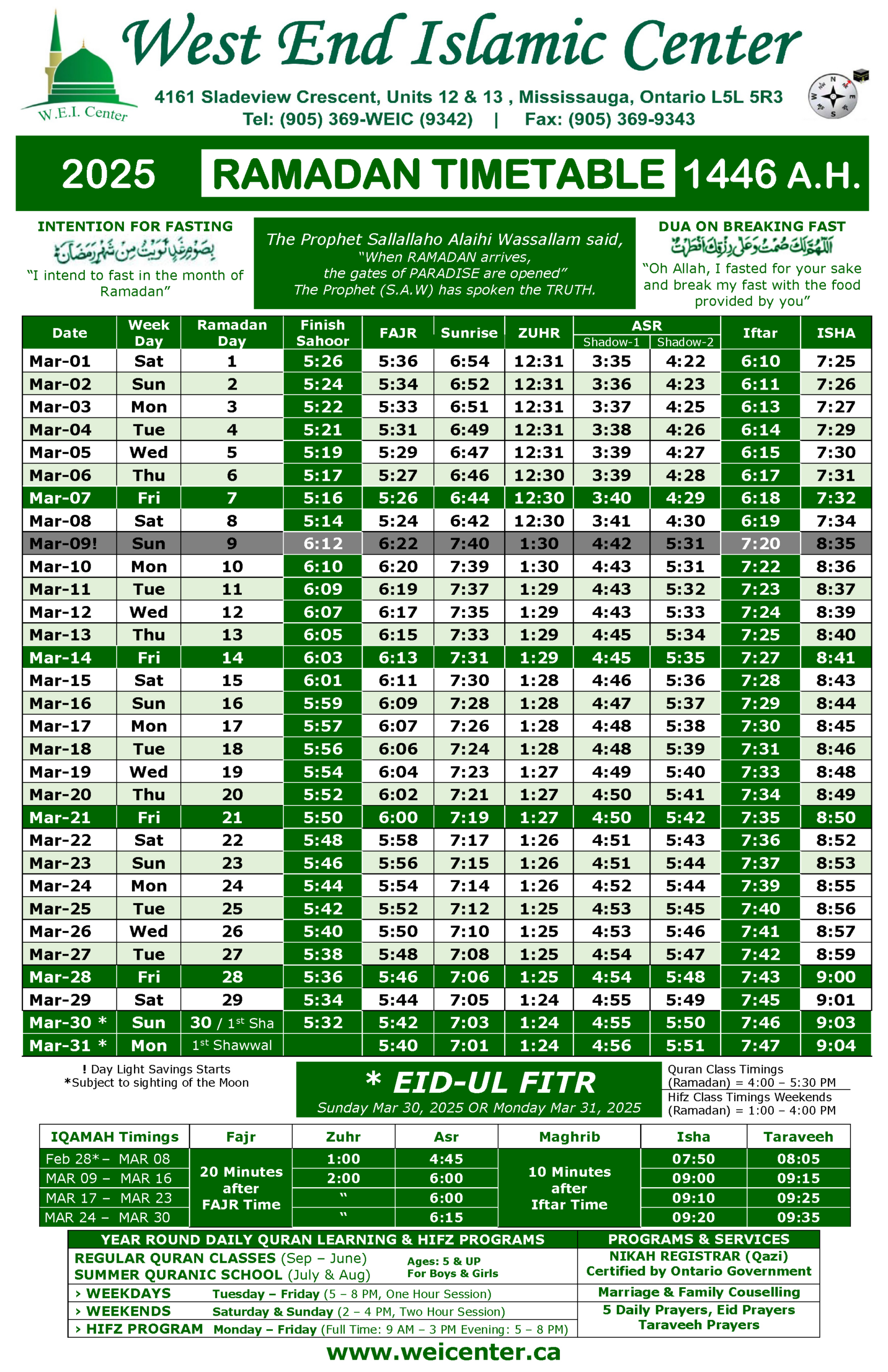 Ramadan Timetable 2025 | West End Islamic Center Mississauga pertaining to Printable Ramadan Calendar 2025