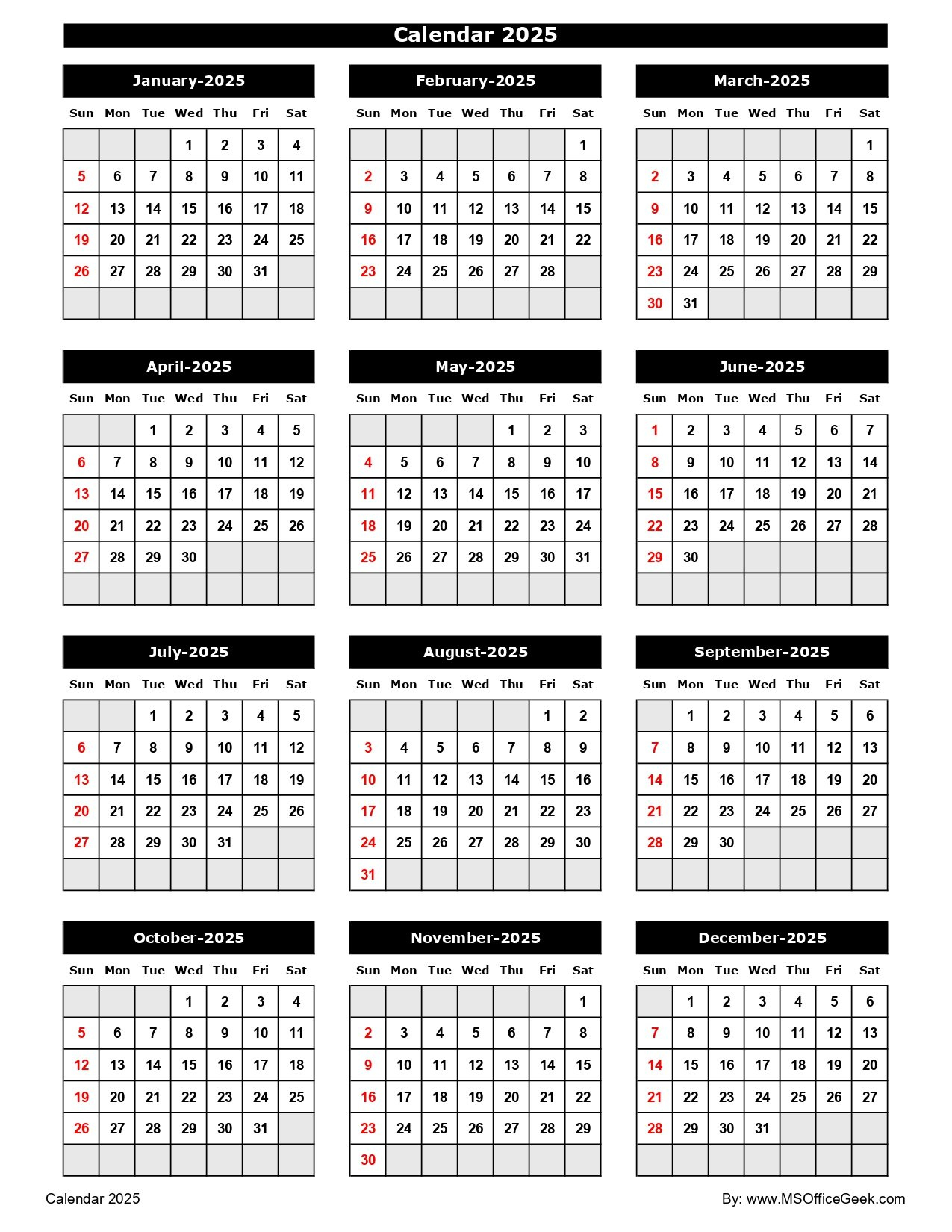 Ready-To-Use Printable Calendar 2025 - Msofficegeek inside Printable Calendar 2025 Microsoft