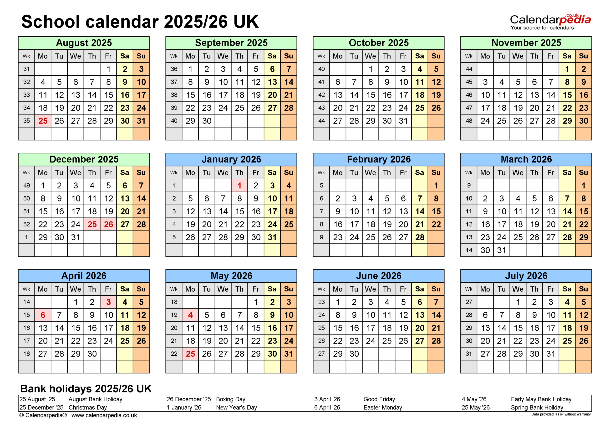 School Calendars 2025/26 Uk - Free Printable Pdf Templates inside Printable Calendar 2025 With School Holidays