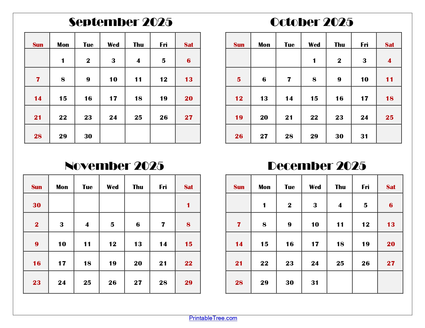 September To December 2025 Calendar Printable Pdf | Four Months throughout August September October November December 2025 Calendar