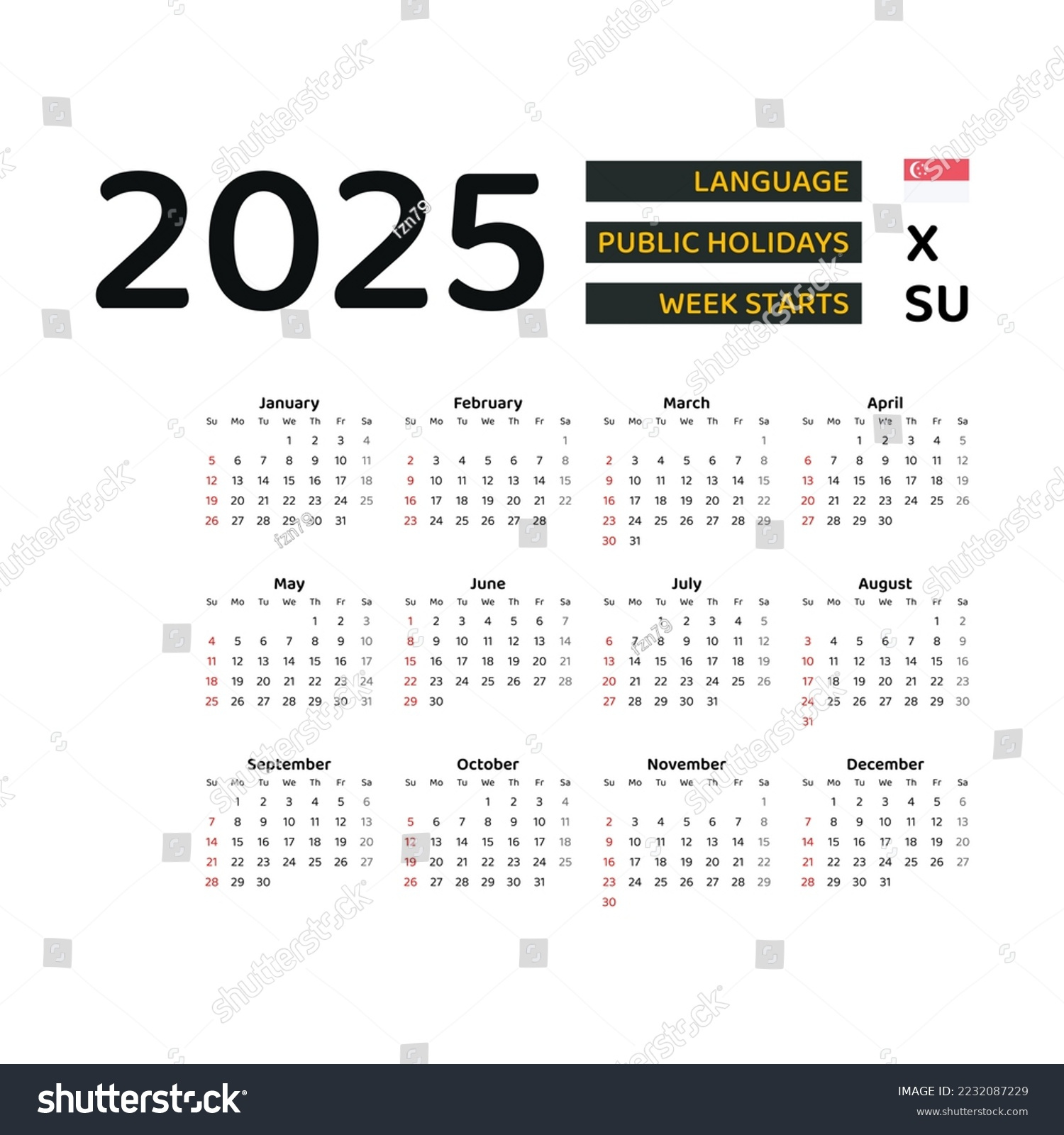 Singapur-Kalender 2025. Die Woche Beginnt Am: Stock-Vektorgrafik throughout Printable Calendar 2025 Singapore