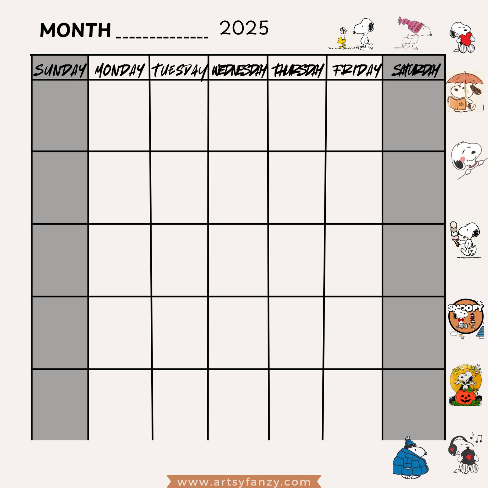 Snoopy Calendar 2025 Printable – Artsy Fanzy Shop inside Snoopy Calendar 2025 Printable