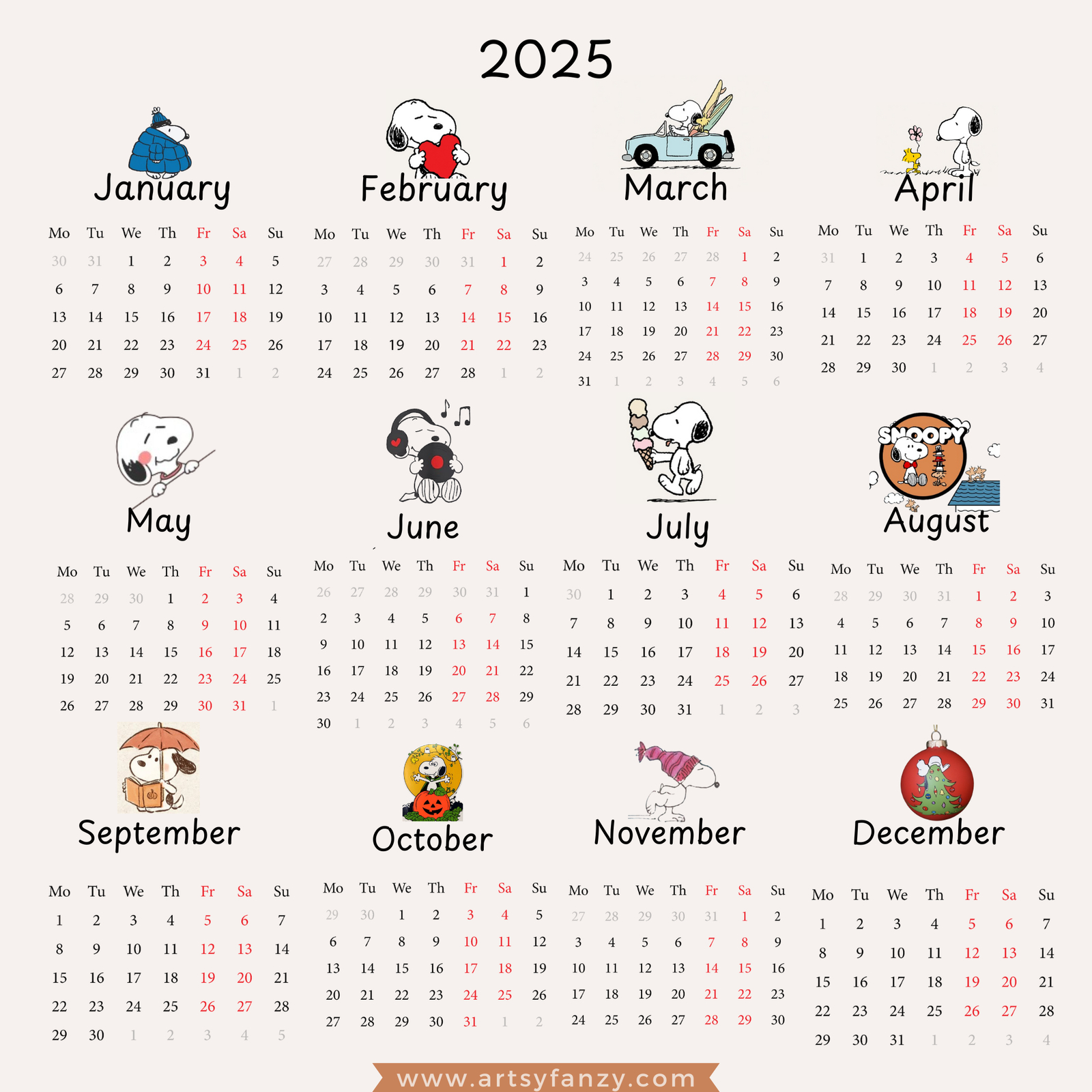 Snoopy Calendar 2025 Printable – Artsy Fanzy Shop intended for Snoopy Calendar 2025 Printable