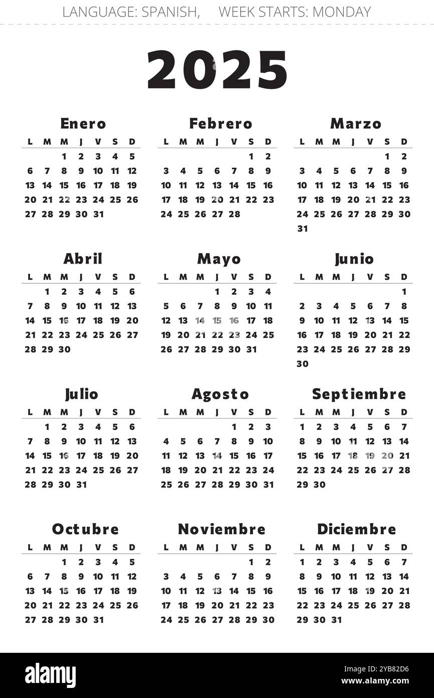 Spanish 2025 Year Calendar. Printable Vector Black And Red Colors pertaining to Printable Calendar 2025 In Spanish