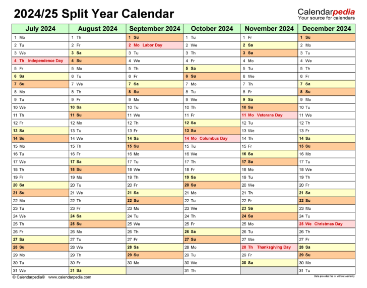September 2024 to August 2025 Calendar Printable