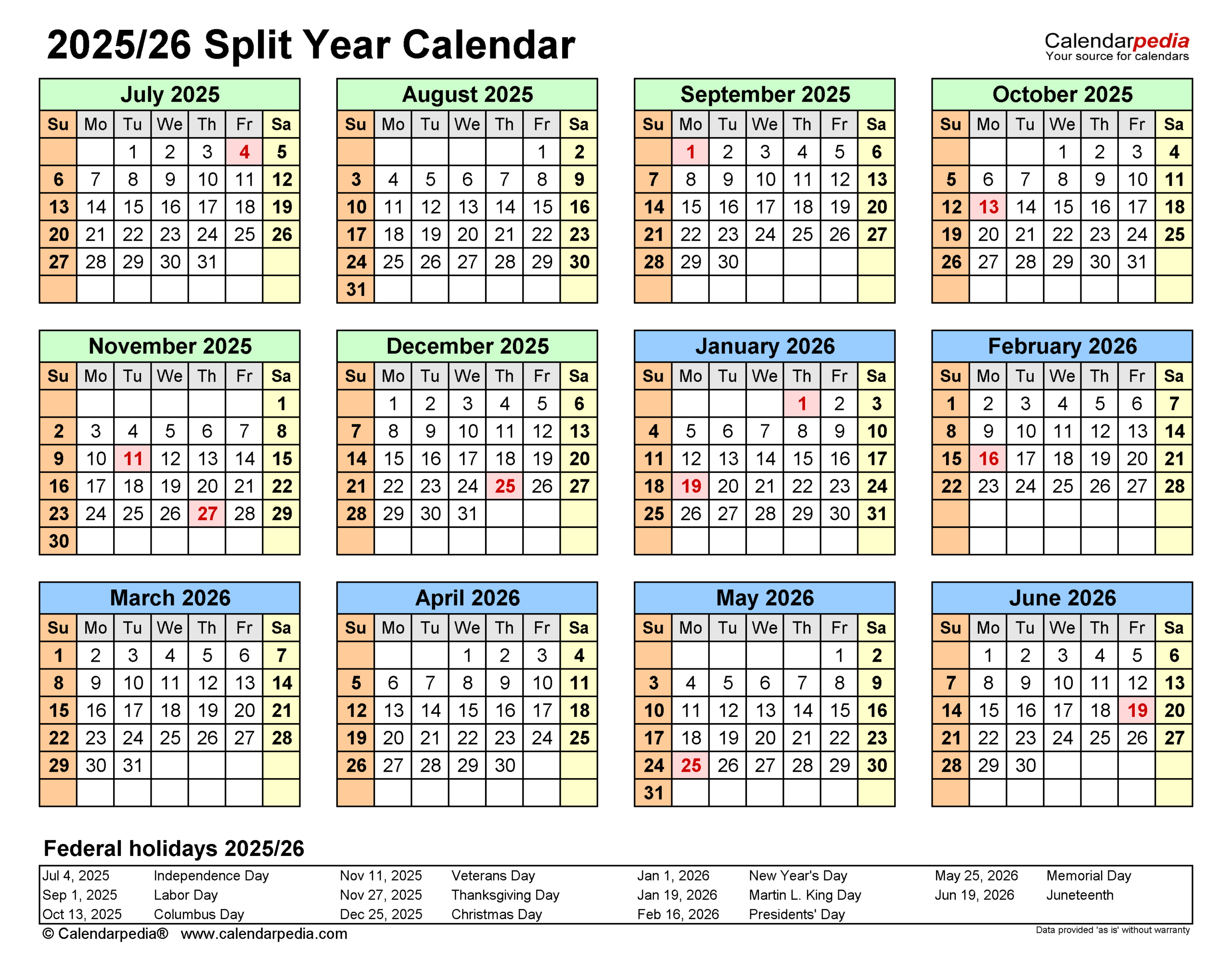 Split Year Calendars 2025/2026 (July To June) - Pdf Templates with Free Printable Calendar August 2025 to July 2026