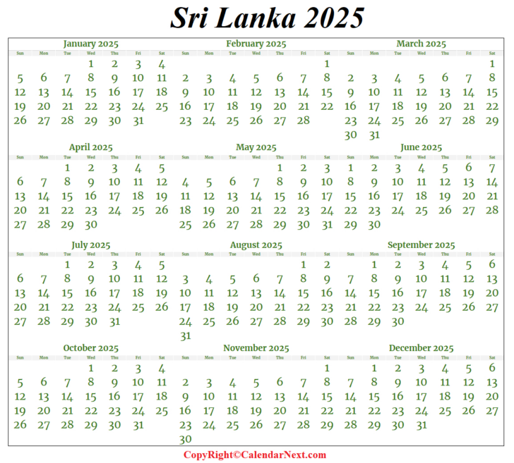 Printable Calendar 2025 with Holidays Sri Lanka
